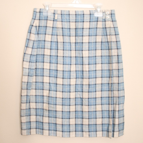 Talbots Dresses & Skirts - Talbots 100% Linen Blue Cream Plaid Wrap Skirt